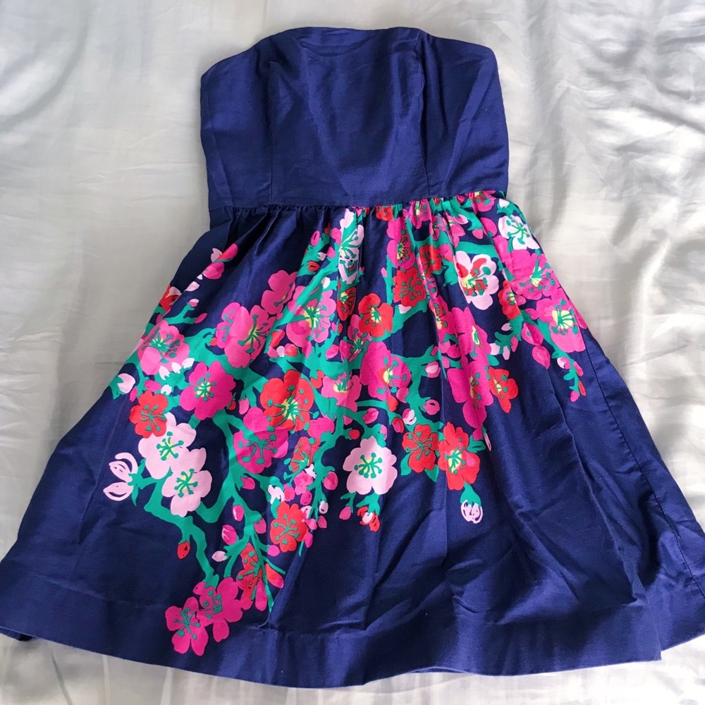 EUC Bright Navy Cherry Mine Lottie Strapless Dress